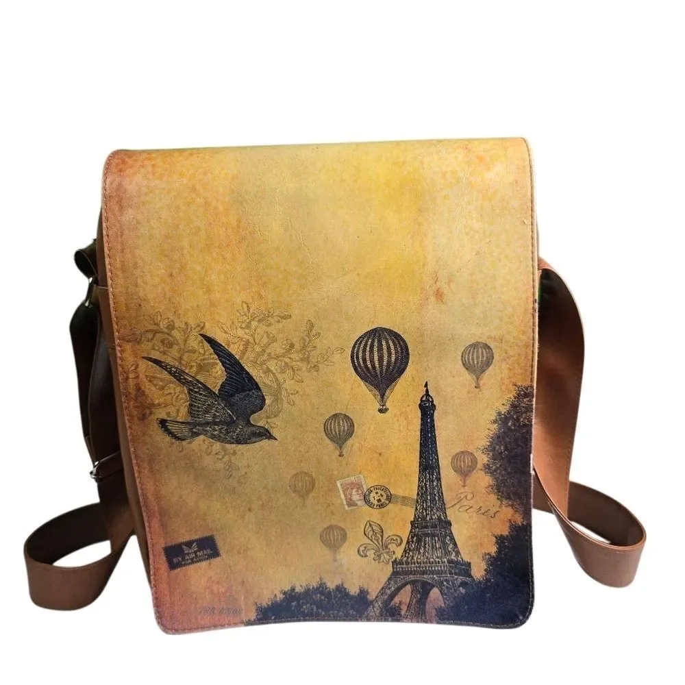 Eiffel Tower Brown Crossbody Bag with Bird and Balloon Design